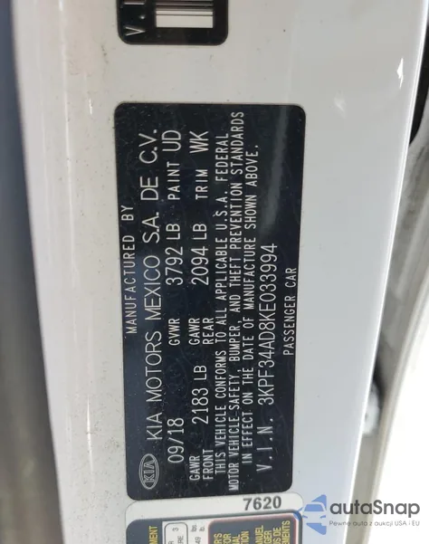 2019 Kia Forte Gt Line z USA, uszkodzony, nr VIN 3KPF34AD8KE033994